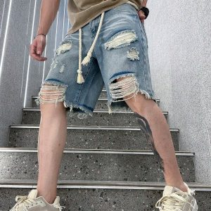 Trendy Y2K Ripped Jorts for a Grunge Aesthetic Look - Stylish and Comfy Denim Shorts