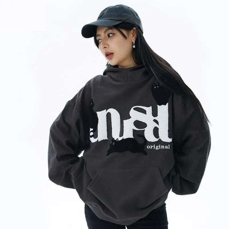 Unusual Y2K Cat Graphic Print Hoodie - Trendy Aesthetic for Unique Style Lovers