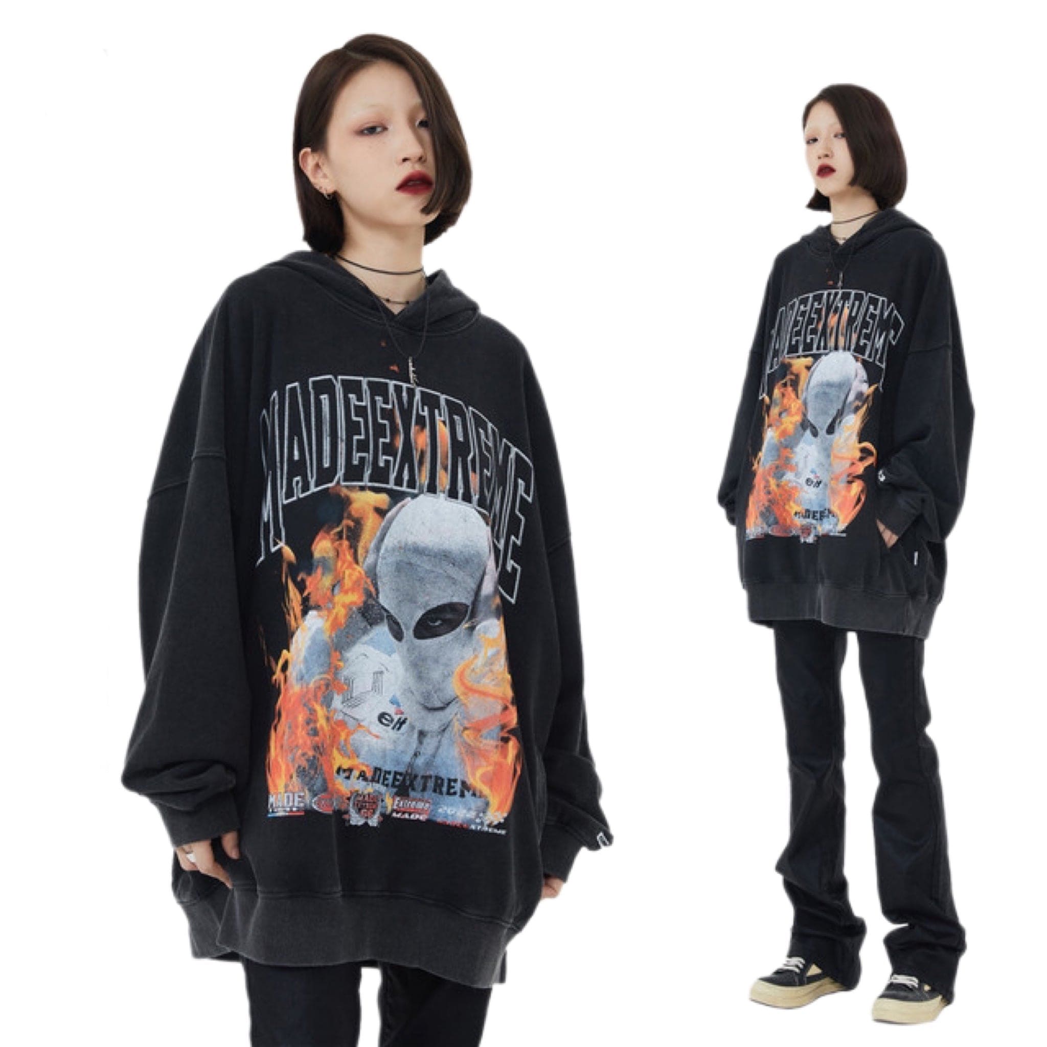 Up In Flames Oversized Y2K Hoodie - Trendy Grunge Aesthetic for Cozy Street Style