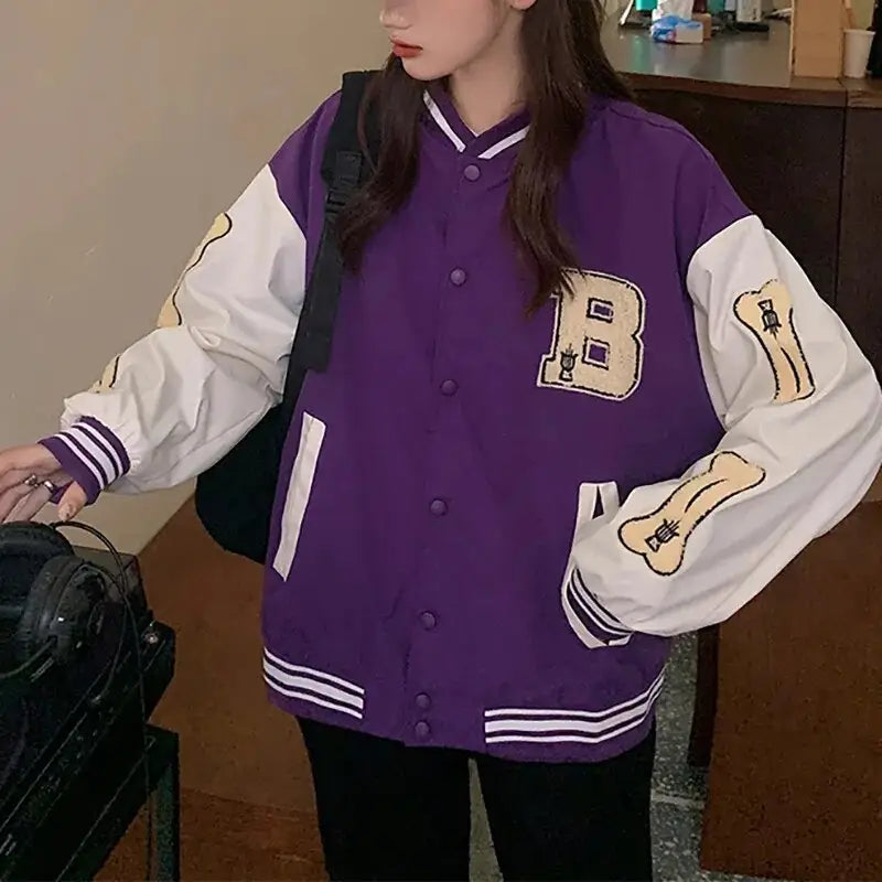 Veste Varsity Violette Y2K - Streetwear Unisexe avec Esthétique Grunge et Coquette