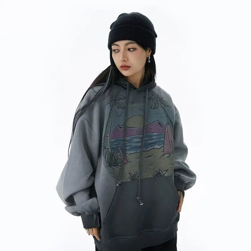 Vintage Y2K Beach Graphic Oversized Hoodie for a Retro Aesthetic Look