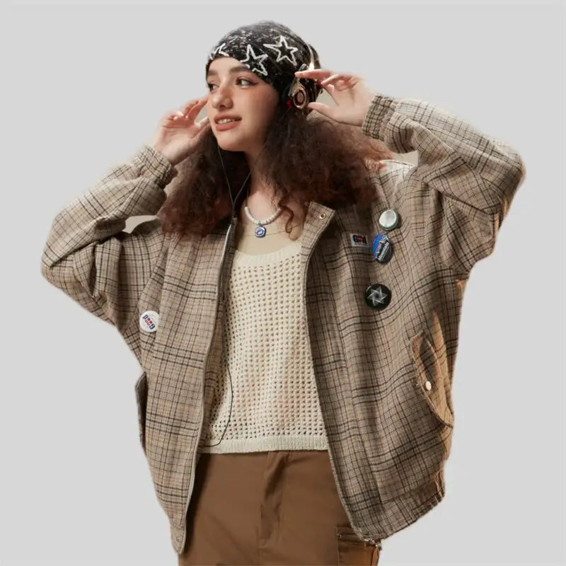 Vintage Y2K Plaid Jacket - Retro Aesthetic Outerwear for Trendy Outfits