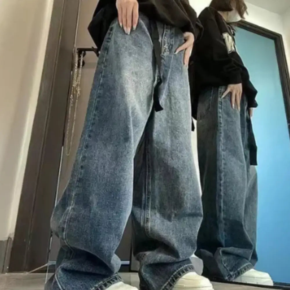 Washed Blue Y2K Baggy Jeans for a Trendy Grunge Aesthetic Look