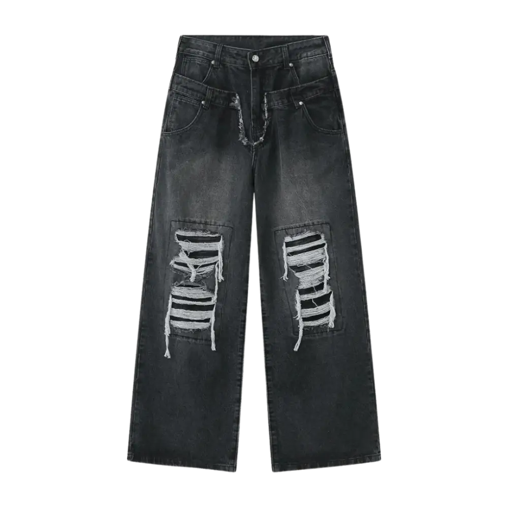 Washed Grey Y2K Double Ripped Baggy Jeans for Trendy Grunge Aesthetic Outfits