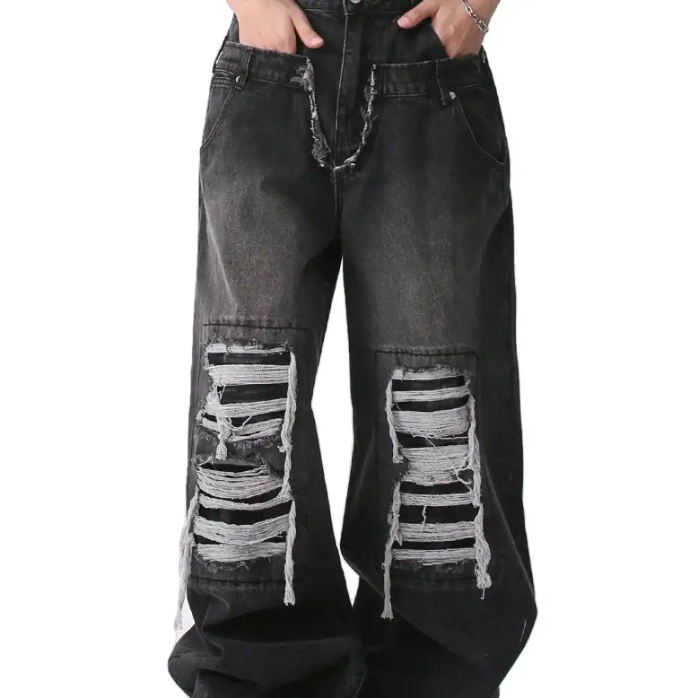 Washed Grey Y2K Double Ripped Baggy Jeans for Trendy Grunge Aesthetic Outfits