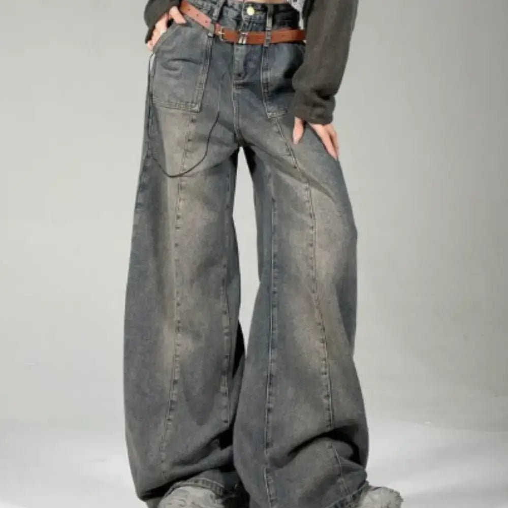 Wide Belt Baggy Jeans in Y2K Style - Trendy Grunge Aesthetic Denim for Effortless Chic