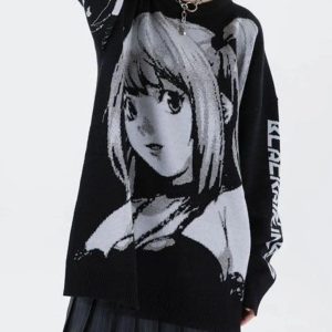 Y2K Aesthetic Anime Graphic Sweater - Trendy Cozy Top for Retro Fashion Lovers