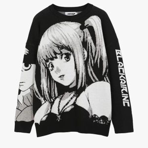 Y2K Aesthetic Anime Graphic Sweater - Trendy Cozy Top for Retro Fashion Lovers