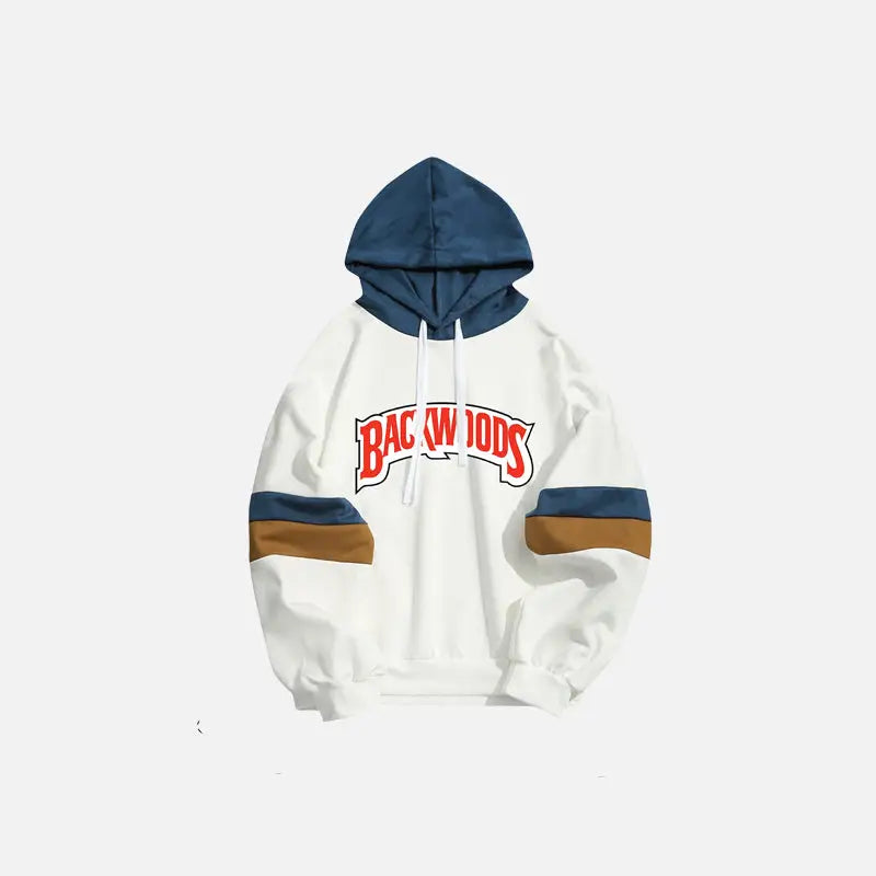 Y2K Aesthetic Backwoods Letter Print Patchwork Comfy Hoodie for Trendy Outfits