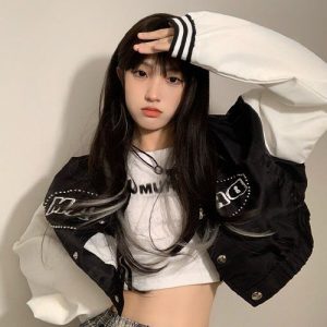 Y2K Aesthetic Baseball Cropped Jacket - Trendy Grunge Style Outerwear for Chic Outfits