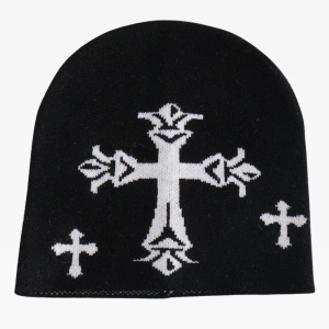 Y2K Aesthetic Beanie: Trendy Cross Design for Coquette and Grunge Style Lovers