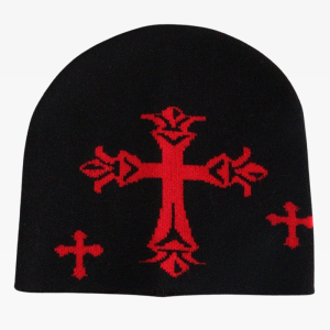 Y2K Aesthetic Beanie: Trendy Cross Design for Coquette and Grunge Style Lovers