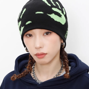 Y2K Aesthetic Black and Green Beanie for Grunge Style and Cozy Outfits