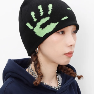 Y2K Aesthetic Black and Green Beanie for Grunge Style and Cozy Outfits