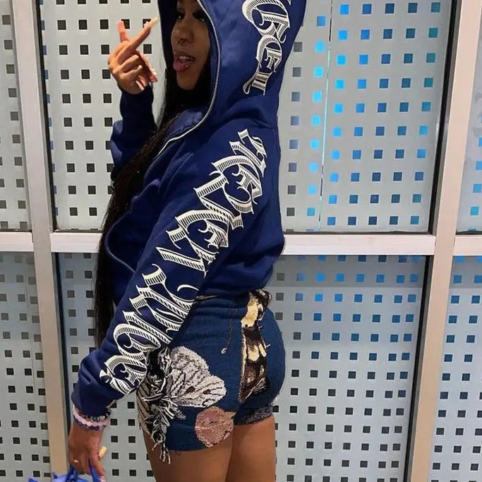 Y2K Aesthetic Blue Full-Zip Hoodie for Trendy Coquette and Grunge Outfits