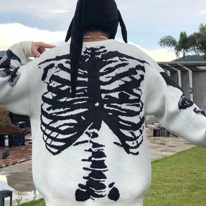 Y2K Aesthetic Bone Print Sweater - Trendy Grunge Style for Unique Fashion Lovers