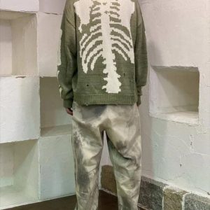 Y2K Aesthetic Bone Print Sweater - Trendy Grunge Style for Unique Fashion Lovers