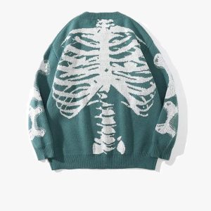 Y2K Aesthetic Bone Print Sweater - Trendy Grunge Style for Unique Fashion Lovers