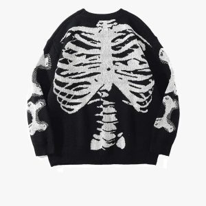 Y2K Aesthetic Bone Print Sweater - Trendy Grunge Style for Unique Fashion Lovers