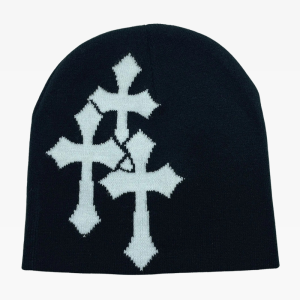 Y2K Aesthetic Cross Beanie - Trendy Grunge Style Accessory for Cozy Outfits