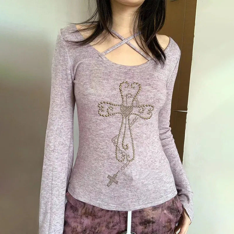 Y2K Aesthetic Cross Shirt - Trendy Grunge Style Top for Vintage-Inspired Outfits