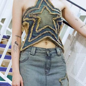 Y2K Aesthetic Denim Top: Vintage-Inspired Cute Crop for Trendy Outfits