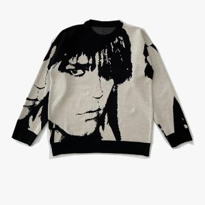 Y2K Aesthetic Face Print Sweater - Trendy Cute Top for Grunge and Coquette Styles