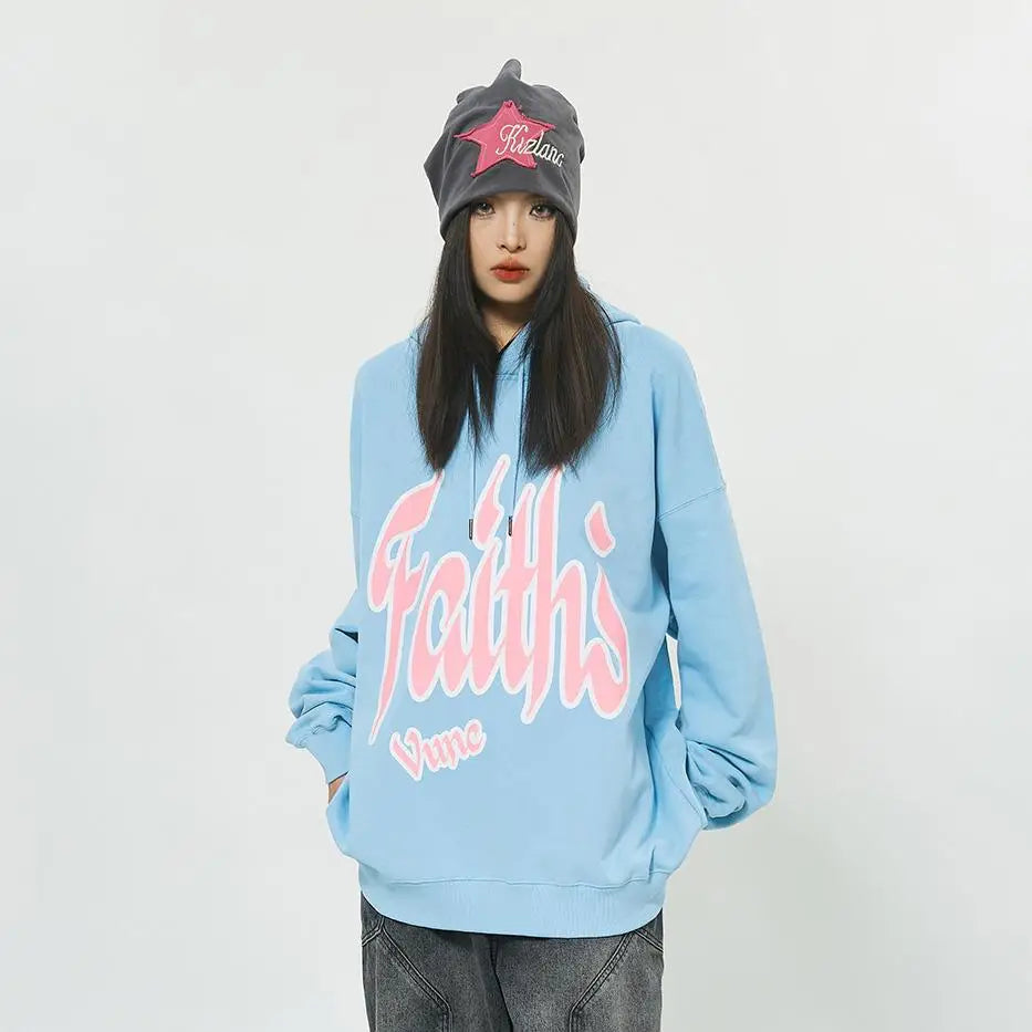 Y2K Aesthetic 'Faith' Letter Print Oversized Hoodie for Trendy Casual Style