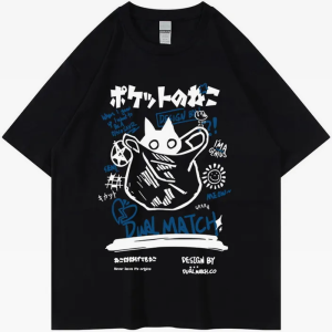 Y2K Aesthetic Japanese Cat Graphic Tee - Cute Top for Coquette and Grunge Styles