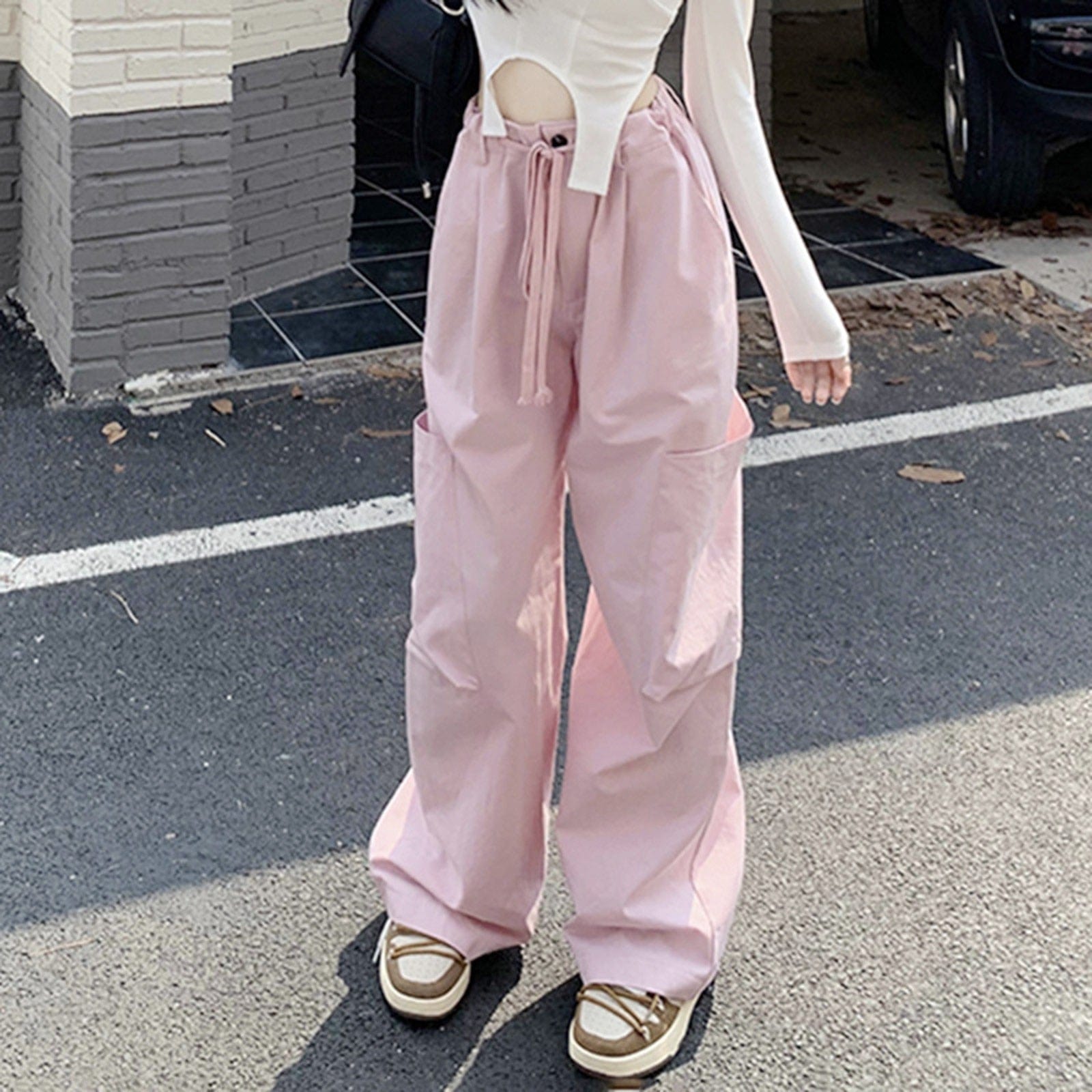 Y2K Aesthetic Pink Cargo Track Pants for Trendy Coquette and Grunge Outfits