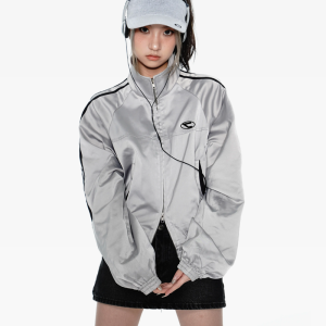 Y2K Aesthetic Silver Track Jacket - Retro Sporty Style for Trendy Outfits