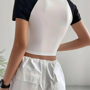 Y2K Aesthetic White & Black Crop Top - Trendy Grunge Style Tee for Cute Outfits