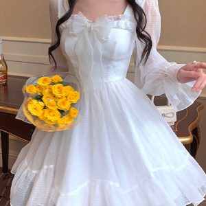 Y2K Aesthetic White Dress - Vintage-Inspired Cute Dress for Coquette and Grunge Styles