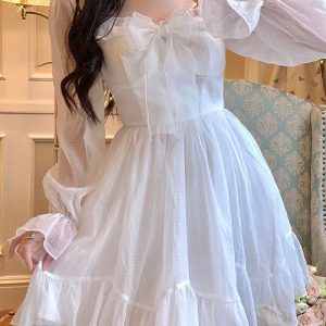 Y2K Aesthetic White Dress - Vintage-Inspired Cute Dress for Coquette and Grunge Styles