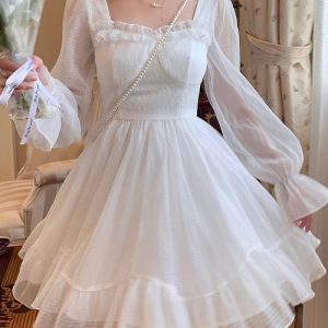 Y2K Aesthetic White Dress - Vintage-Inspired Cute Dress for Coquette and Grunge Styles