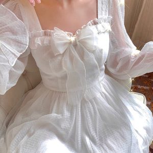 Y2K Aesthetic White Dress - Vintage-Inspired Cute Dress for Coquette and Grunge Styles