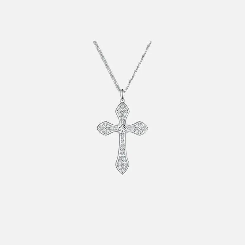 Y2K Aesthetic White Gold Plated Cross Necklace in 925 Sterling Silver for Trendy Looks