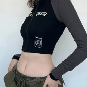 Y2K Aesthetic Zip Crop Top - Cute Pastel Goth Style for Trendy Outfits