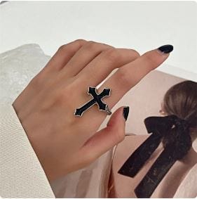 Y2K Black Cross Ring - Edgy Grunge Aesthetic Jewelry for Coquette and Soft Girl Styles