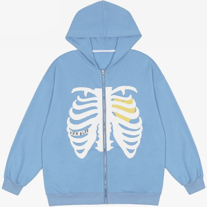 Y2K Blue Skeleton Hoodie - Grunge Aesthetic Comfy Top for Unique Style Lovers