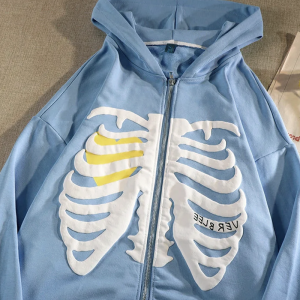 Y2K Blue Skeleton Hoodie - Grunge Aesthetic Comfy Top for Unique Style Lovers