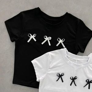 Y2K Bow Baby Tee: Cute Coquette Aesthetic Top for Trendy Outfits