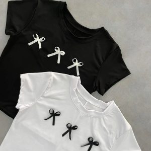 Y2K Bow Baby Tee: Cute Coquette Aesthetic Top for Trendy Outfits