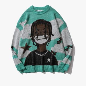 Y2K Cartoon Knit Sweater: Cute and Comfy Y2K Fashion for Cozy Aesthetic Outfits