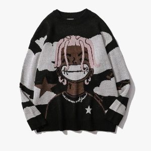 Y2K Cartoon Knit Sweater: Cute and Comfy Y2K Fashion for Cozy Aesthetic Outfits