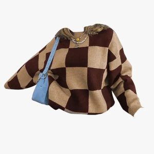 Y2K Checkerboard Sweater: Retro Aesthetic Knit Top for Cozy Grunge and Coquette Styles