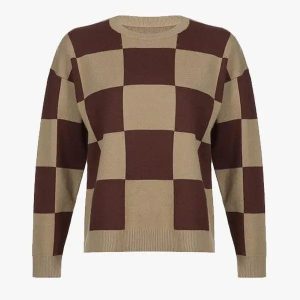 Y2K Checkerboard Sweater: Retro Aesthetic Knit Top for Cozy Grunge and Coquette Styles