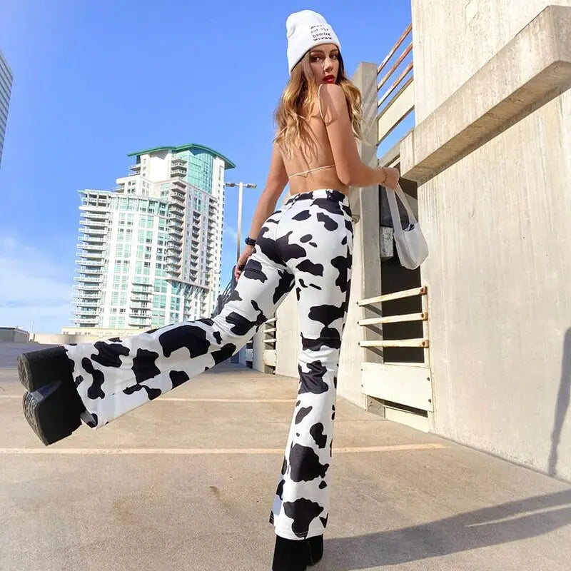 Y2K Cow Print Jean Skirt for Trendy Streetwear Aesthetic Outfits