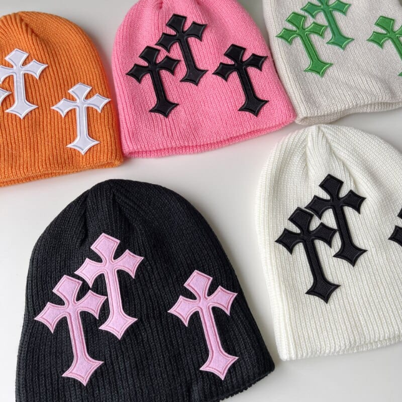 Y2K Cross Beanie: Trendy Y2K Fashion Accessory for Coquette and Grunge Aesthetic Styles