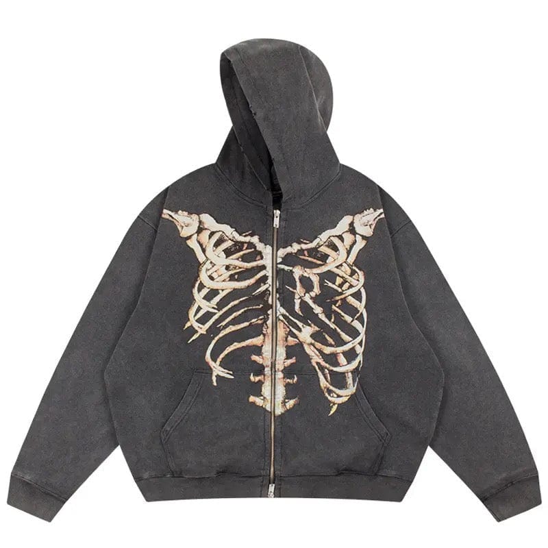 Y2K Dark Skeleton Zip Up Hoodie - Grunge Aesthetic Comfy Layer for Edgy Outfits